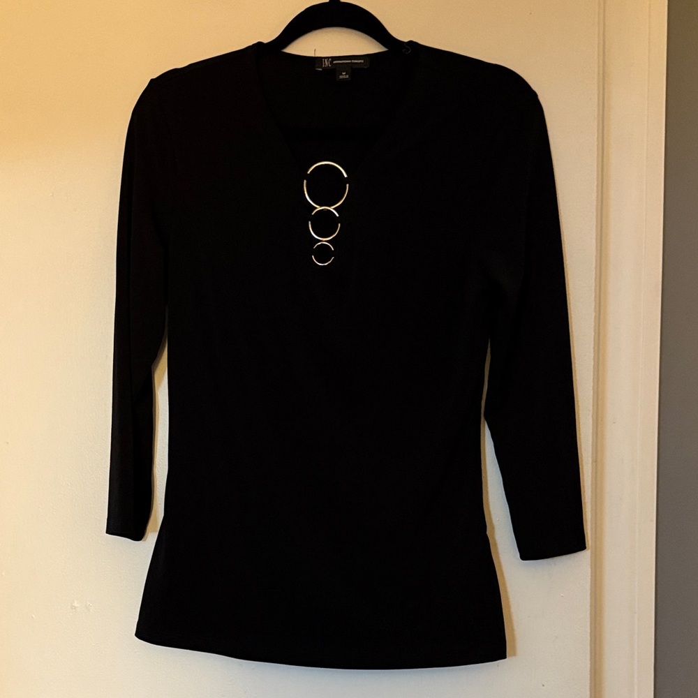 INC Collection Black Long Sleeve Top with Ring Details